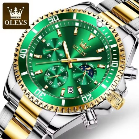 OLEVS 2870 Green Silver Moon Phase Multi-function Stainless Chronograph Sports Calendar Watch for Man.